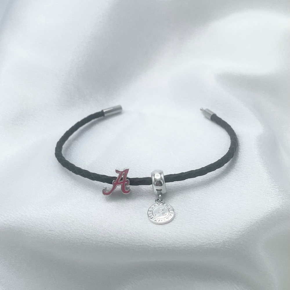 Black Leather Braided Bolo Cord Bracelet with Alabama Crimson Tide Charms